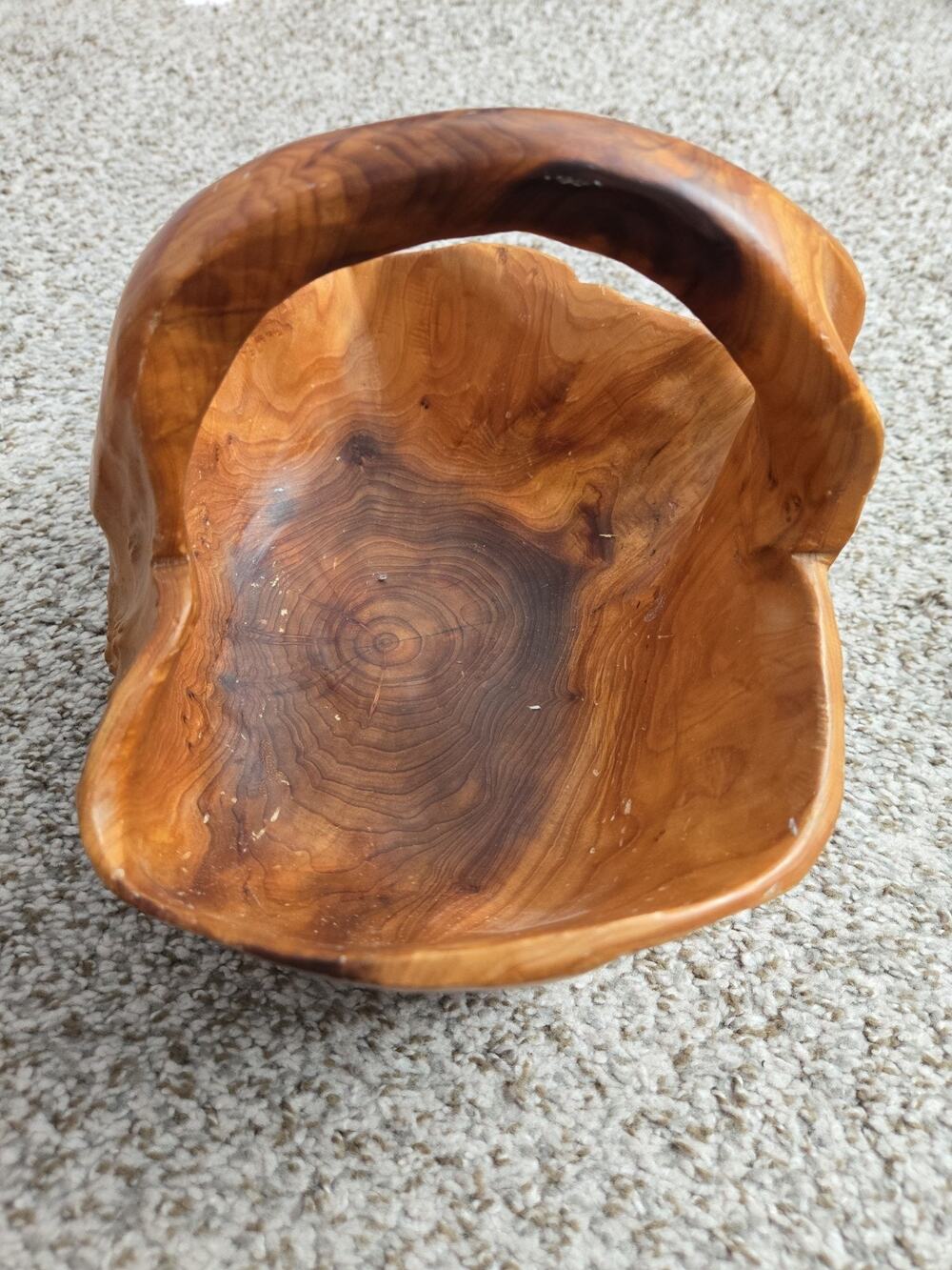 VINTAGE BURL WOOD TREE ROOT Basket Bowl with Handle Rustic